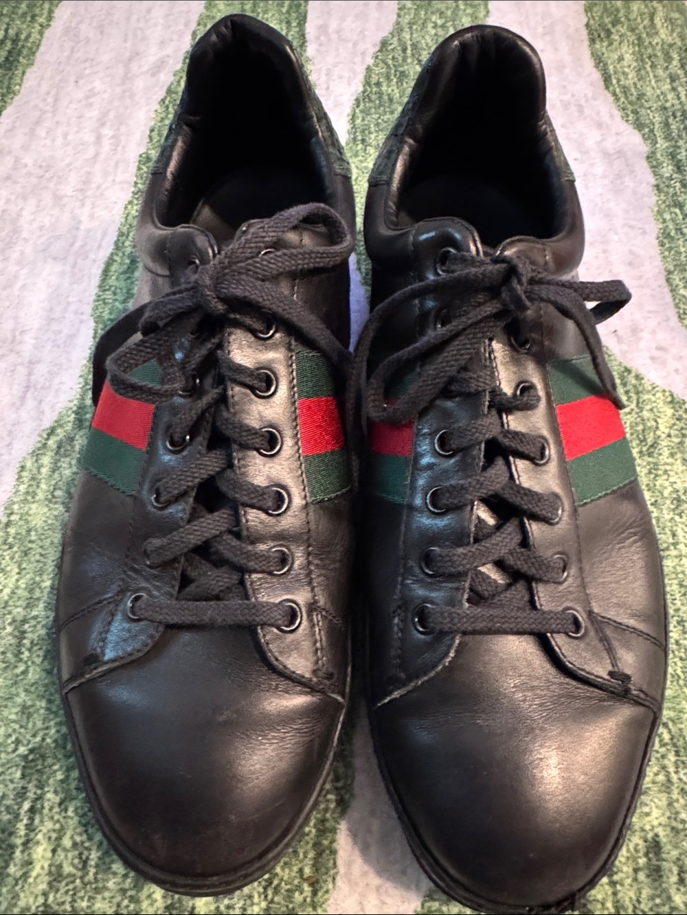 Gucci Black Leather Sneakers with Red and Green Web Stripe